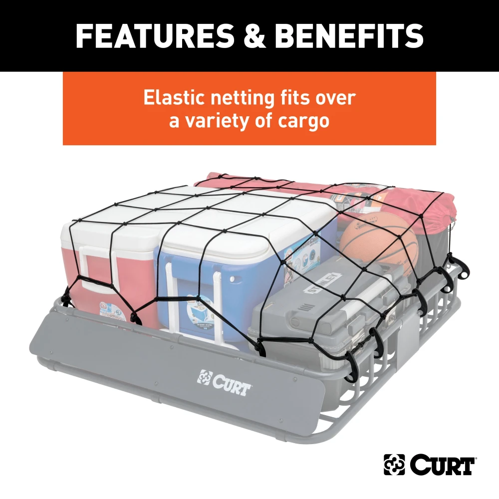 CURT cargo carrier net with hooks securing cargo on a roof rack, measuring 44 by 38 inches.