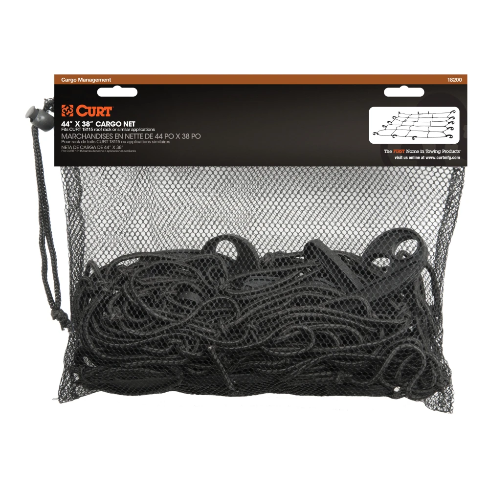 CURT cargo carrier net with hooks securing cargo on a roof rack, measuring 44 by 38 inches.