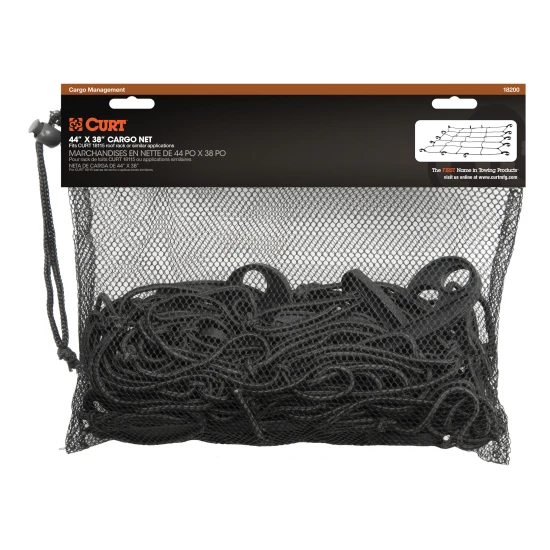 CURT cargo carrier net with hooks securing cargo on a roof rack, measuring 44 by 38 inches.
