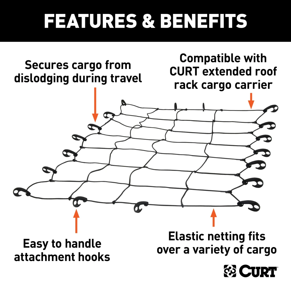 CURT Cargo Carrier Net 65x38 inches with hooks for roof racks, secure fit