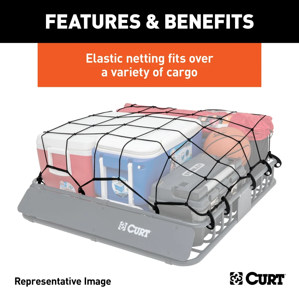 CURT Cargo Carrier Net 65x38 inches with hooks for roof racks, secure fit