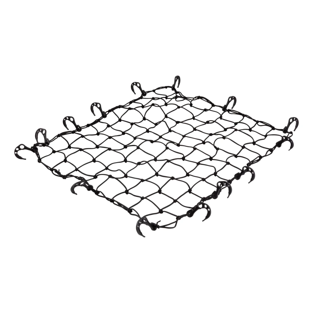 CURT cargo carrier net securely fastened over roof rack with hooks