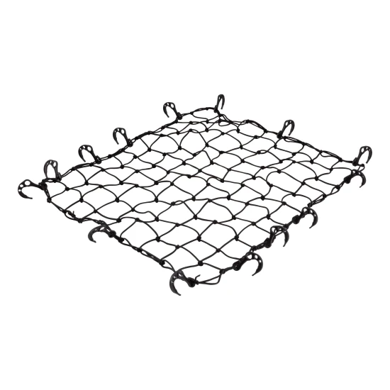 CURT cargo carrier net securely fastened over roof rack with hooks