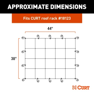 CURT cargo carrier net securely fastened over roof rack with hooks