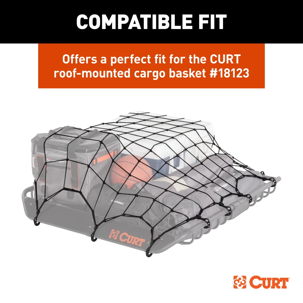 CURT cargo carrier net securely fastened over roof rack with hooks