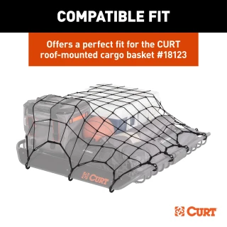 CURT cargo carrier net securely fastened over roof rack with hooks