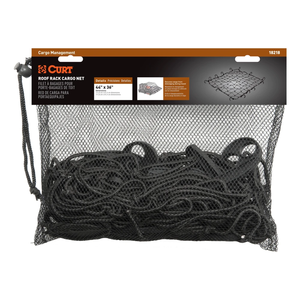 CURT cargo carrier net securely fastened over roof rack with hooks