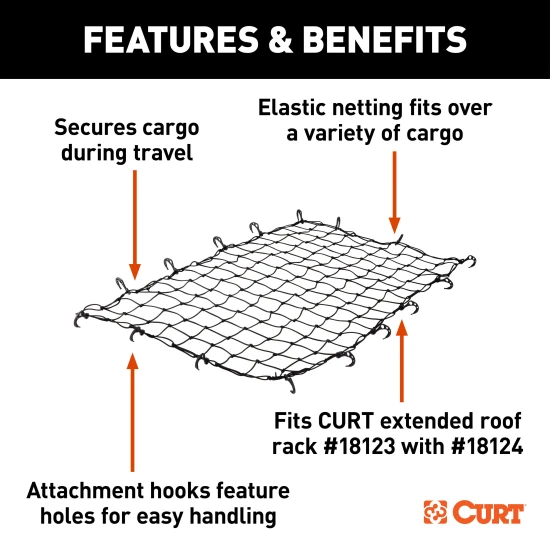 CURT Roof Basket Cargo Carrier Net with Attachment Hooks CURT cargo carrier net securing travel items over extended roof basket