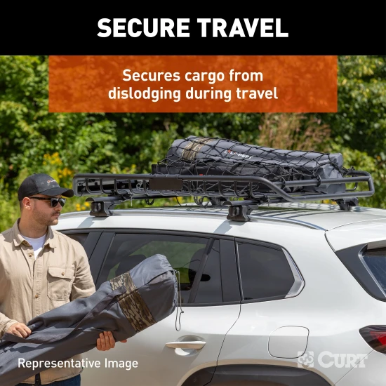 CURT Roof Basket Cargo Carrier Net with Attachment Hooks CURT cargo carrier net securing travel items over extended roof basket