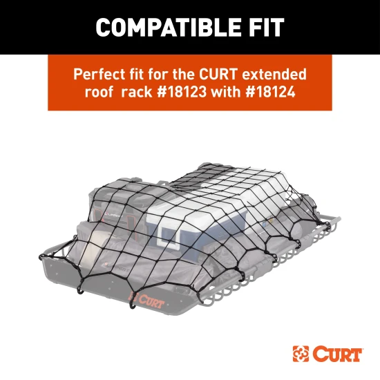 CURT Roof Basket Cargo Carrier Net with Attachment Hooks CURT cargo carrier net securing travel items over extended roof basket