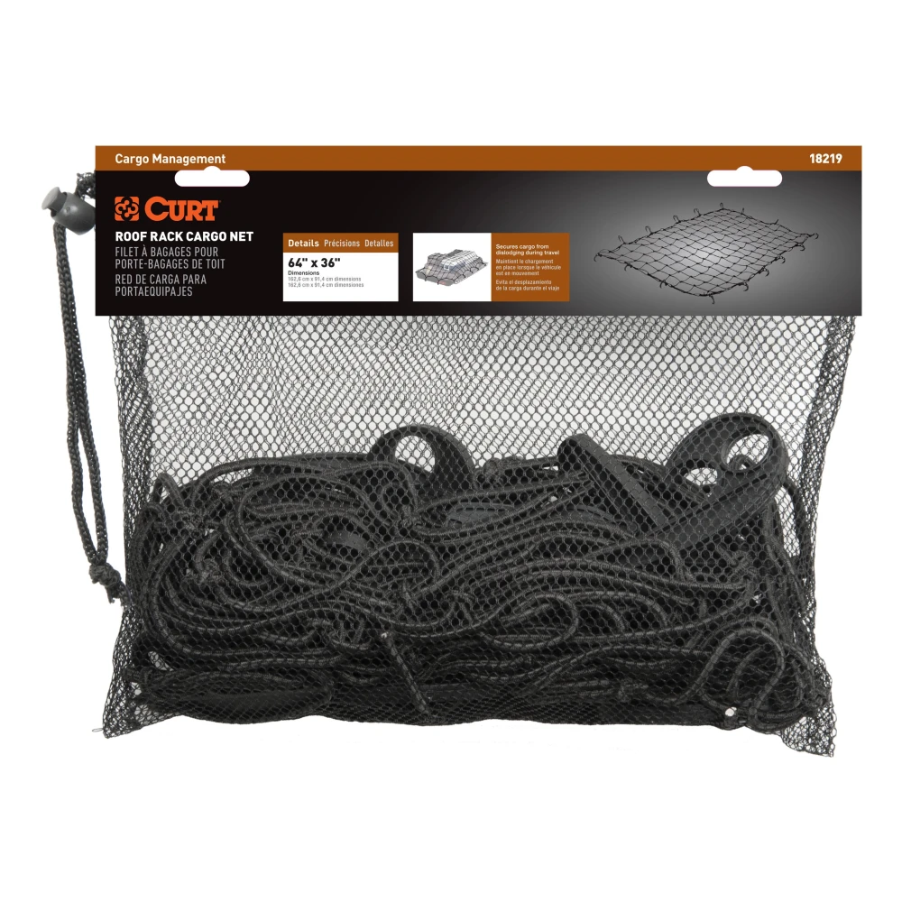 CURT Roof Basket Cargo Carrier Net with Attachment Hooks CURT cargo carrier net securing travel items over extended roof basket