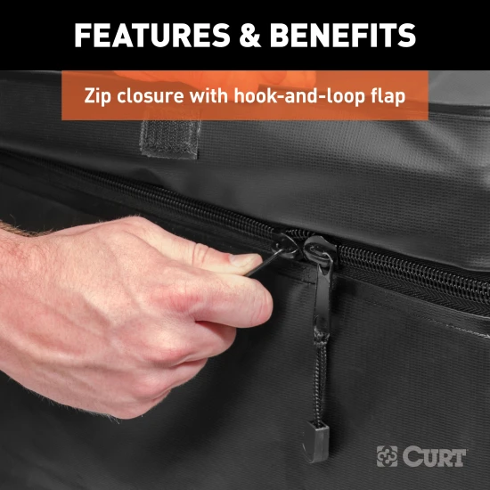 CURT cargo bag fitted on roof basket, protecting belongings against elements.