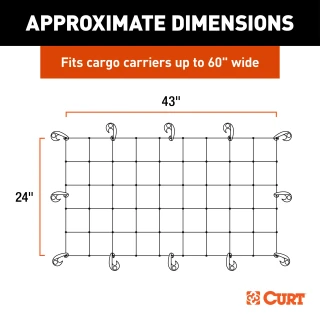 CURT cargo carrier net with attachment hooks, 43 x 24 inches, securing items on a vehicle