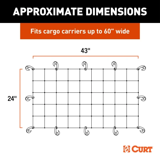 CURT Cargo Carrier Net with Hooks for Secure Vehicle Storage CURT cargo carrier net with attachment hooks, 43 x 24 inches, securing items on a vehicle