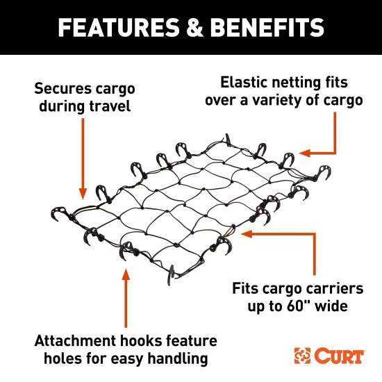 CURT Cargo Carrier Net with Hooks for Secure Vehicle Storage CURT cargo carrier net with attachment hooks, 43 x 24 inches, securing items on a vehicle