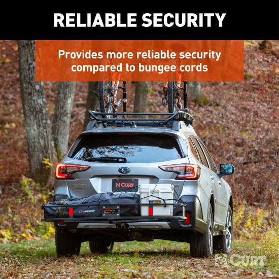 CURT Cargo Carrier Net with Hooks for Secure Vehicle Storage CURT cargo carrier net with attachment hooks, 43 x 24 inches, securing items on a vehicle