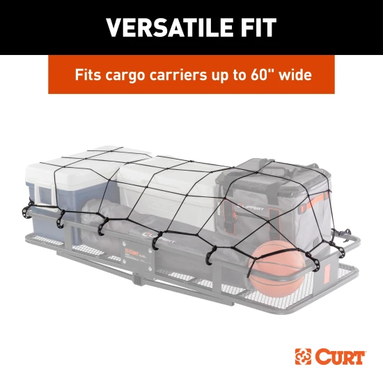 CURT Cargo Carrier Net with Hooks for Secure Vehicle Storage CURT cargo carrier net with attachment hooks, 43 x 24 inches, securing items on a vehicle