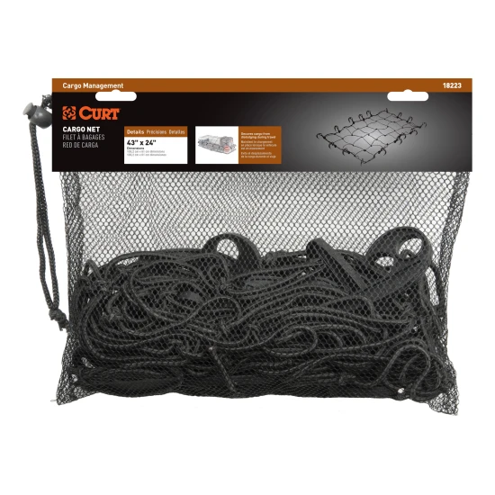 CURT Cargo Carrier Net with Hooks for Secure Vehicle Storage CURT cargo carrier net with attachment hooks, 43 x 24 inches, securing items on a vehicle
