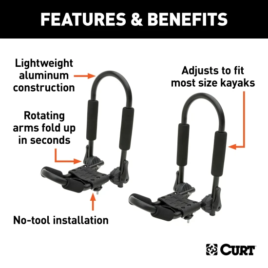 CURT kayak roof rack with adjustable arms and foam padding on vehicle roof
