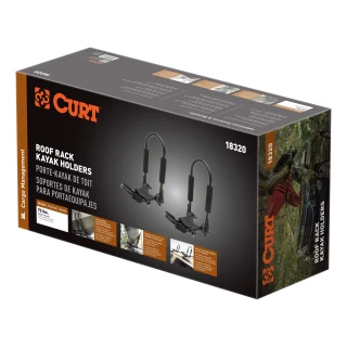 CURT kayak roof rack with adjustable arms and foam padding on vehicle roof