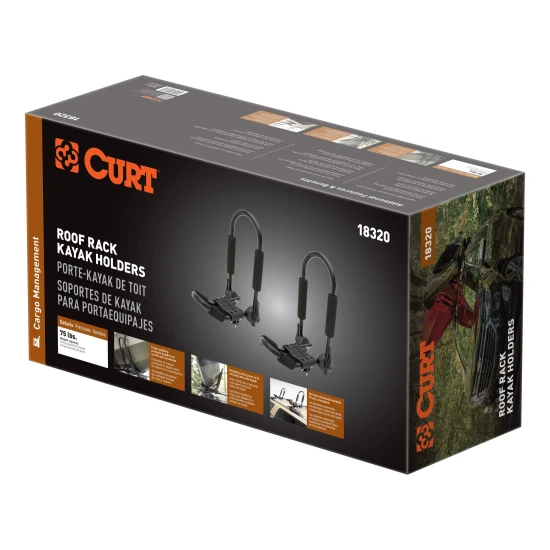 CURT kayak roof rack with adjustable arms and foam padding on vehicle roof