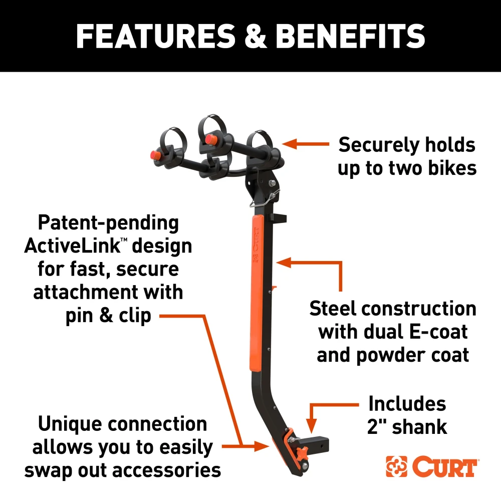 CURT ActiveLink SE bike rack holding two bikes on a vehicle hitch.