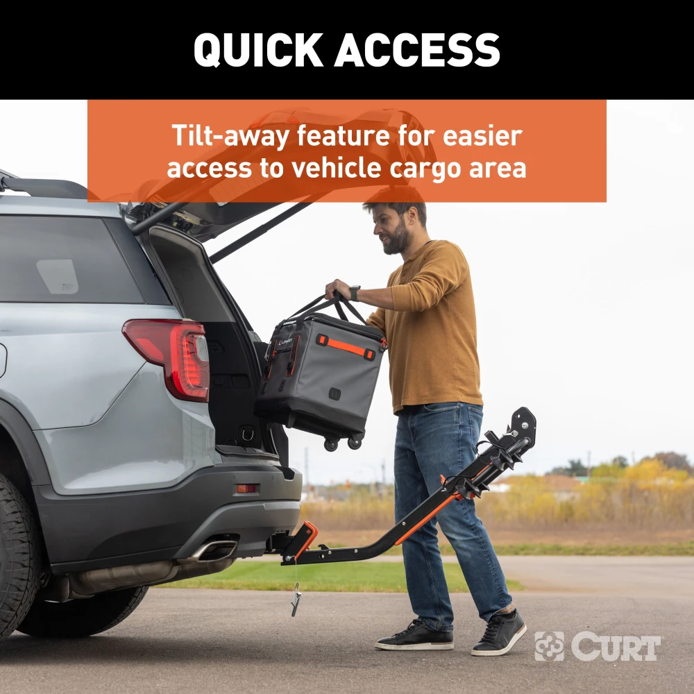 CURT ActiveLink SE bike rack holding two bikes on a vehicle hitch.