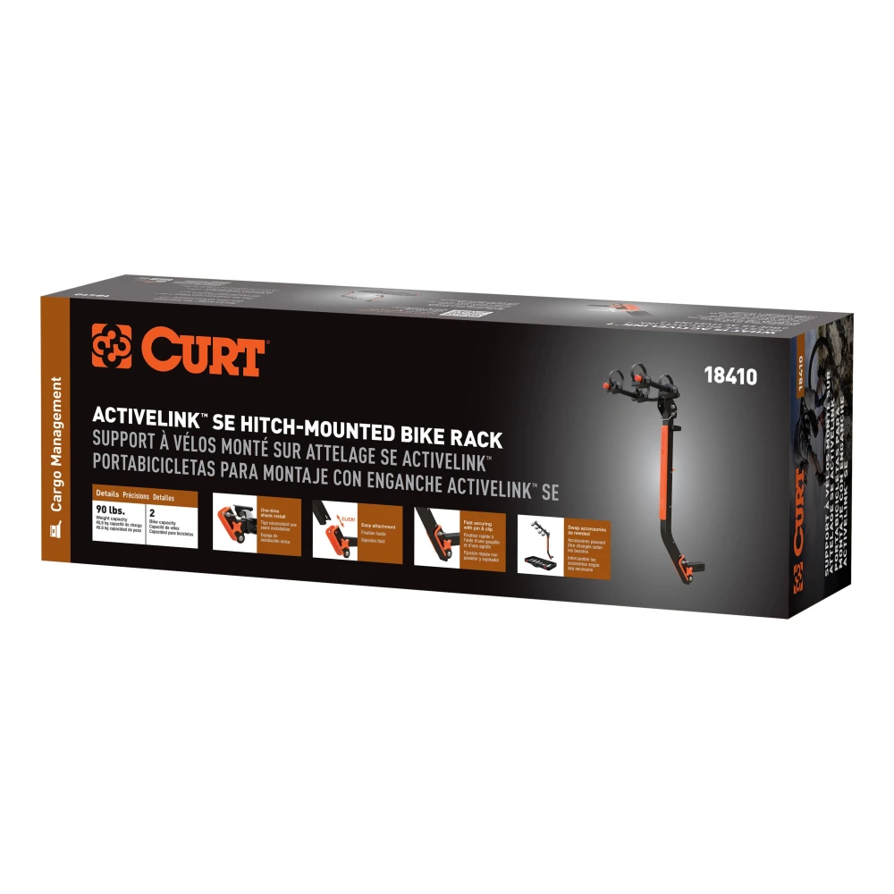 CURT ActiveLink SE bike rack holding two bikes on a vehicle hitch.