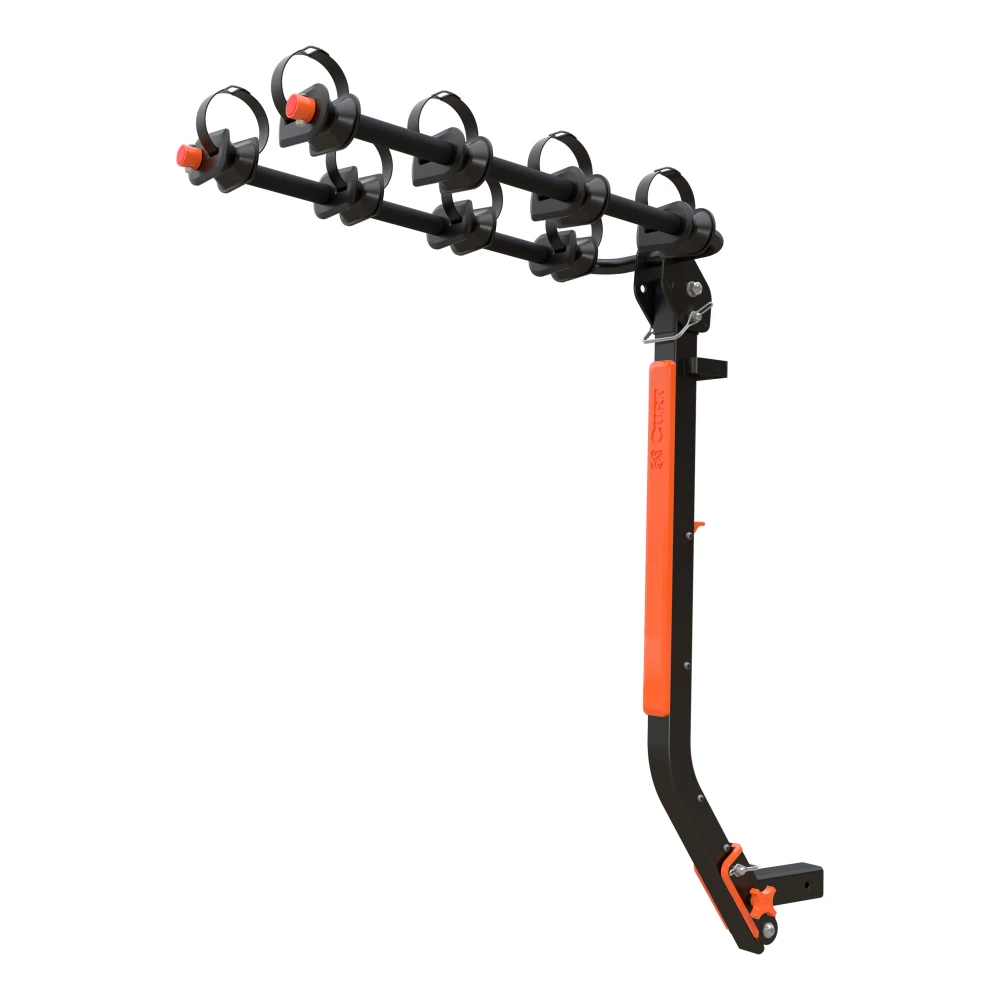 CURT bike rack with ActiveLink hitch system holds 4 bikes securely for safe travel.