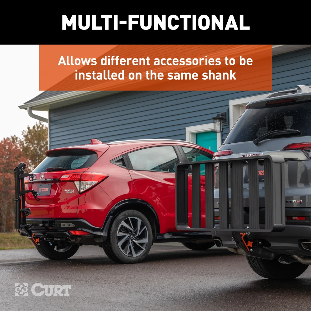 CURT bike rack with ActiveLink hitch system holds 4 bikes securely for safe travel.