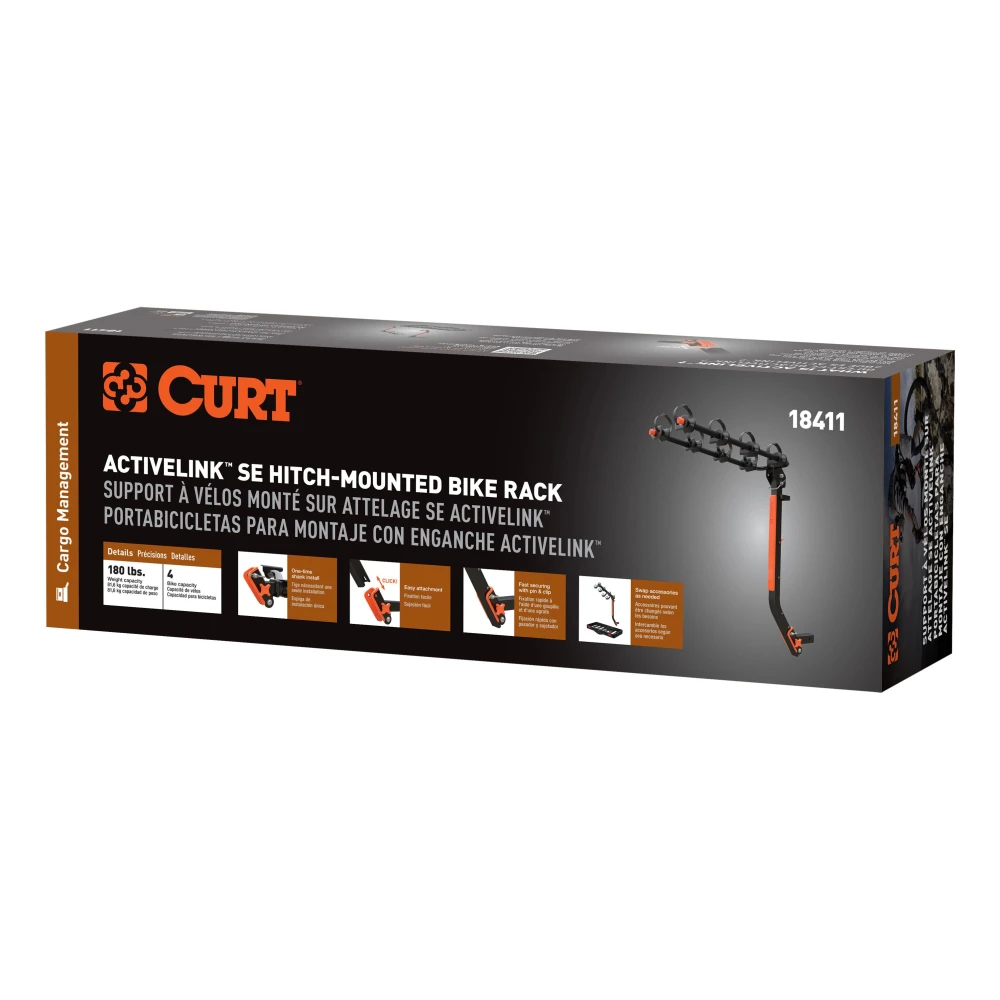 CURT bike rack with ActiveLink hitch system holds 4 bikes securely for safe travel.