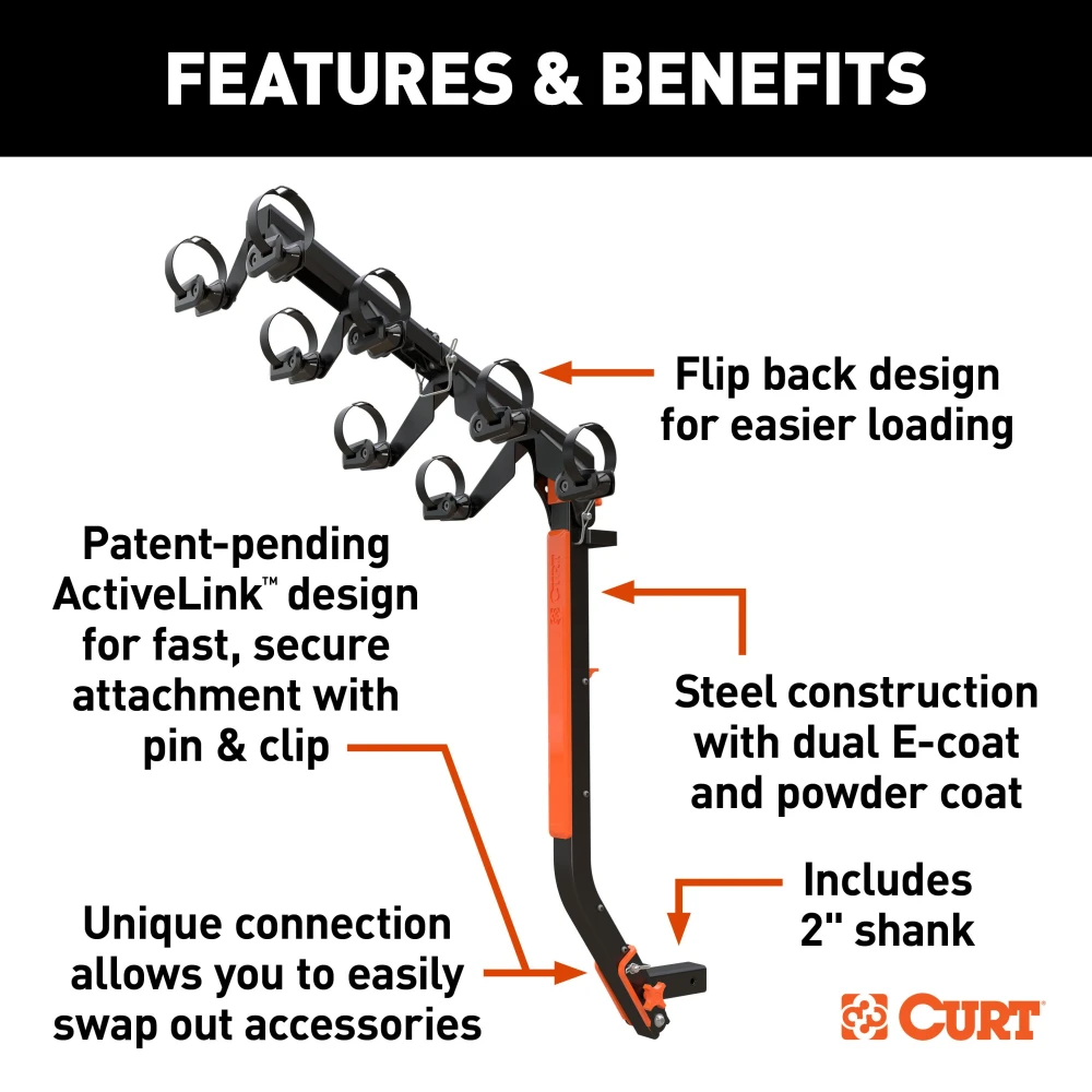 CURT ActiveLink Ultra bike rack features a 4-bike capacity and innovative hitch design for secure and easy bike transport.