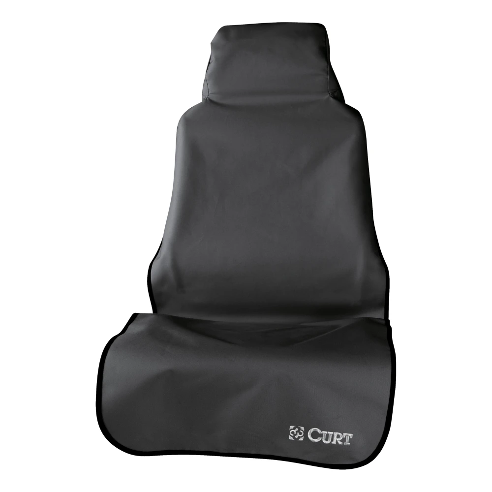 CURT Seat Defender car seat cover installed on a black bucket seat, protecting against spills and dirt