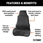 CURT Seat Defender car seat cover installed on a black bucket seat, protecting against spills and dirt