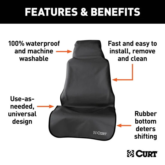 CURT Seat Defender car seat cover installed on a black bucket seat, protecting against spills and dirt