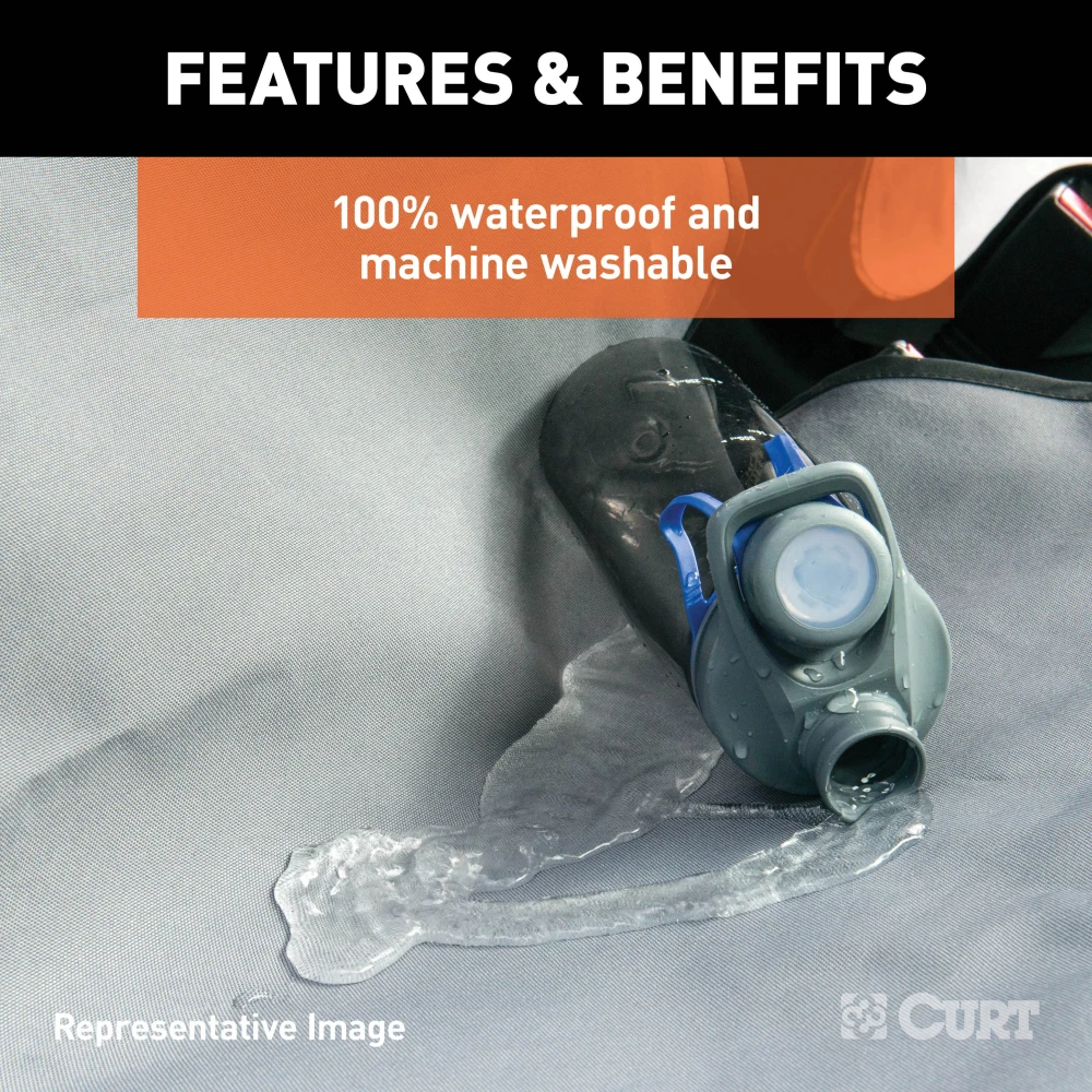 CURT Seat Defender car seat cover installed on a black bucket seat, protecting against spills and dirt