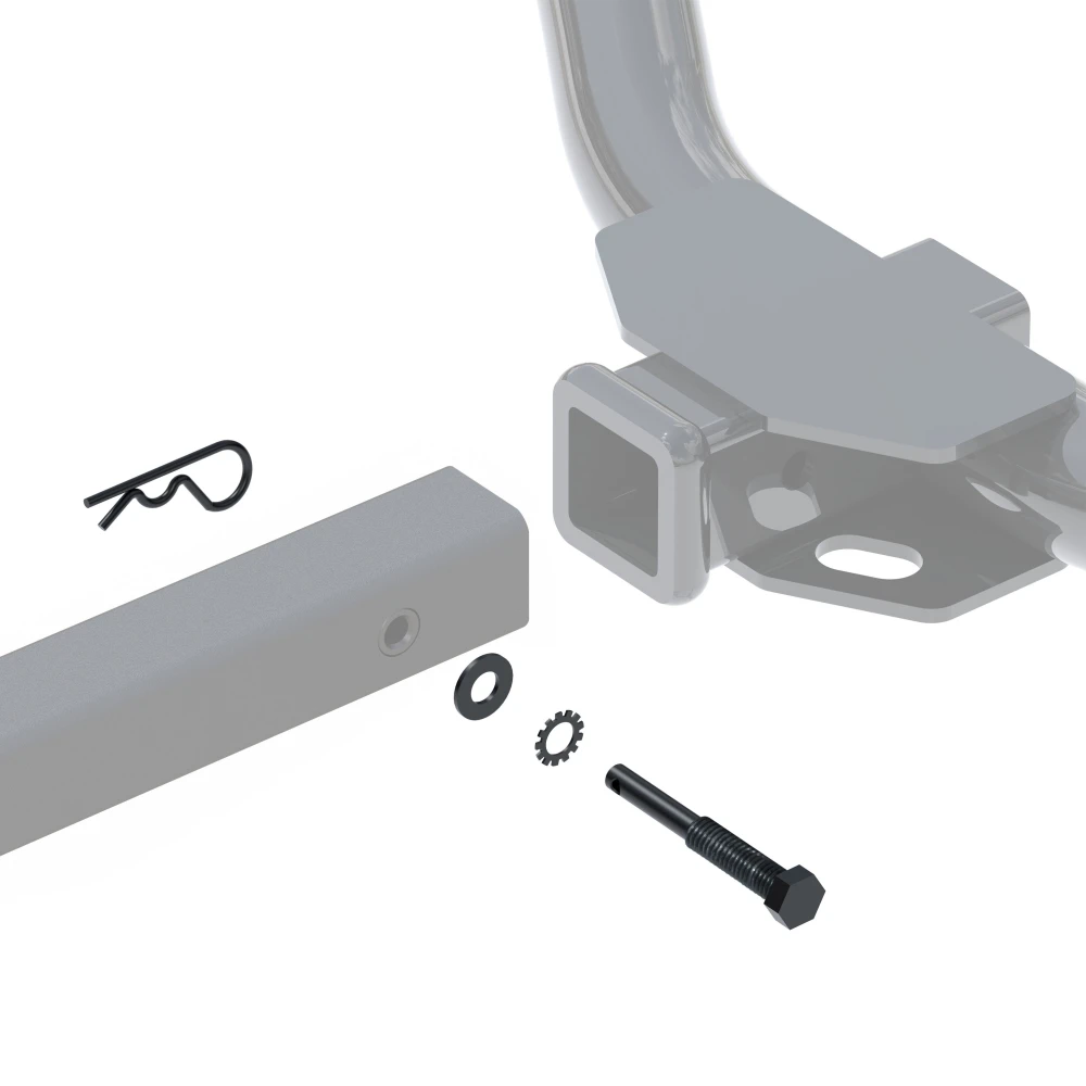 Anti-rattle hitch pin with hardware for CURT bike racks, reduces noise and vibrations.