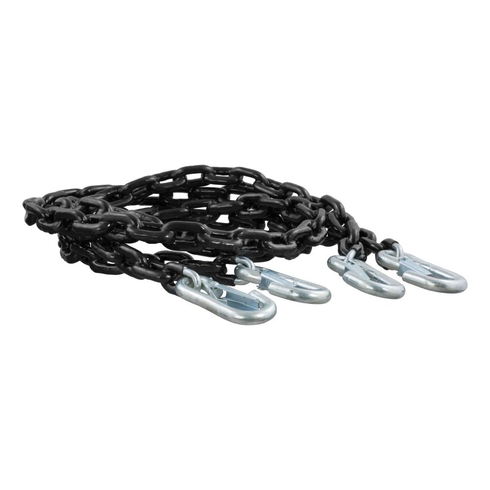 Pair of CURT safety chains, black vinyl coated, with snap hooks for 5,000 lbs towing capacity.