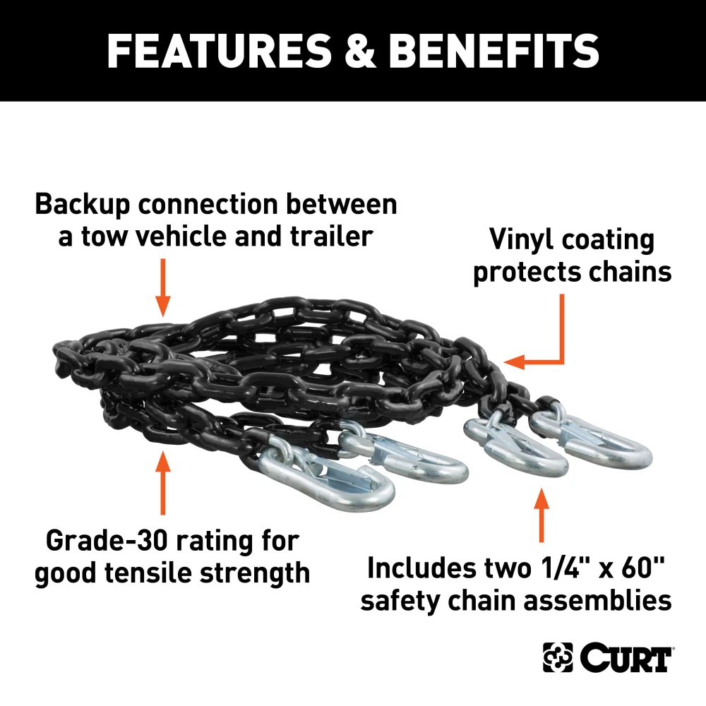 Pair of CURT safety chains, black vinyl coated, with snap hooks for 5,000 lbs towing capacity.