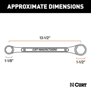 CURT trailer ball wrench with dual ends for 1-1/8" and 1-1/2" nuts, chrome-plated for durability.