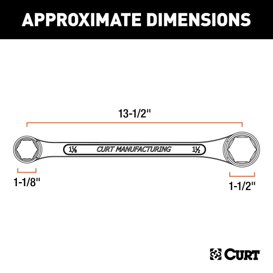CURT trailer ball wrench with dual ends for 1-1/8" and 1-1/2" nuts, chrome-plated for durability.