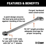 CURT trailer ball wrench with dual ends for 1-1/8" and 1-1/2" nuts, chrome-plated for durability.
