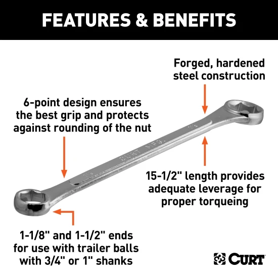 CURT trailer ball wrench with dual ends for 1-1/8" and 1-1/2" nuts, chrome-plated for durability.