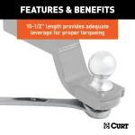 CURT trailer ball wrench with dual ends for 1-1/8" and 1-1/2" nuts, chrome-plated for durability.