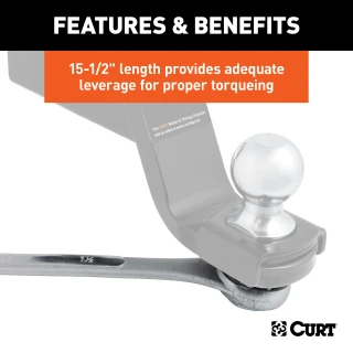 CURT trailer ball wrench with dual ends for 1-1/8" and 1-1/2" nuts, chrome-plated for durability.