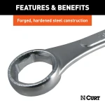 CURT trailer ball wrench with dual ends for 1-1/8" and 1-1/2" nuts, chrome-plated for durability.