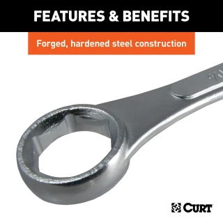 CURT trailer ball wrench with dual ends for 1-1/8" and 1-1/2" nuts, chrome-plated for durability.