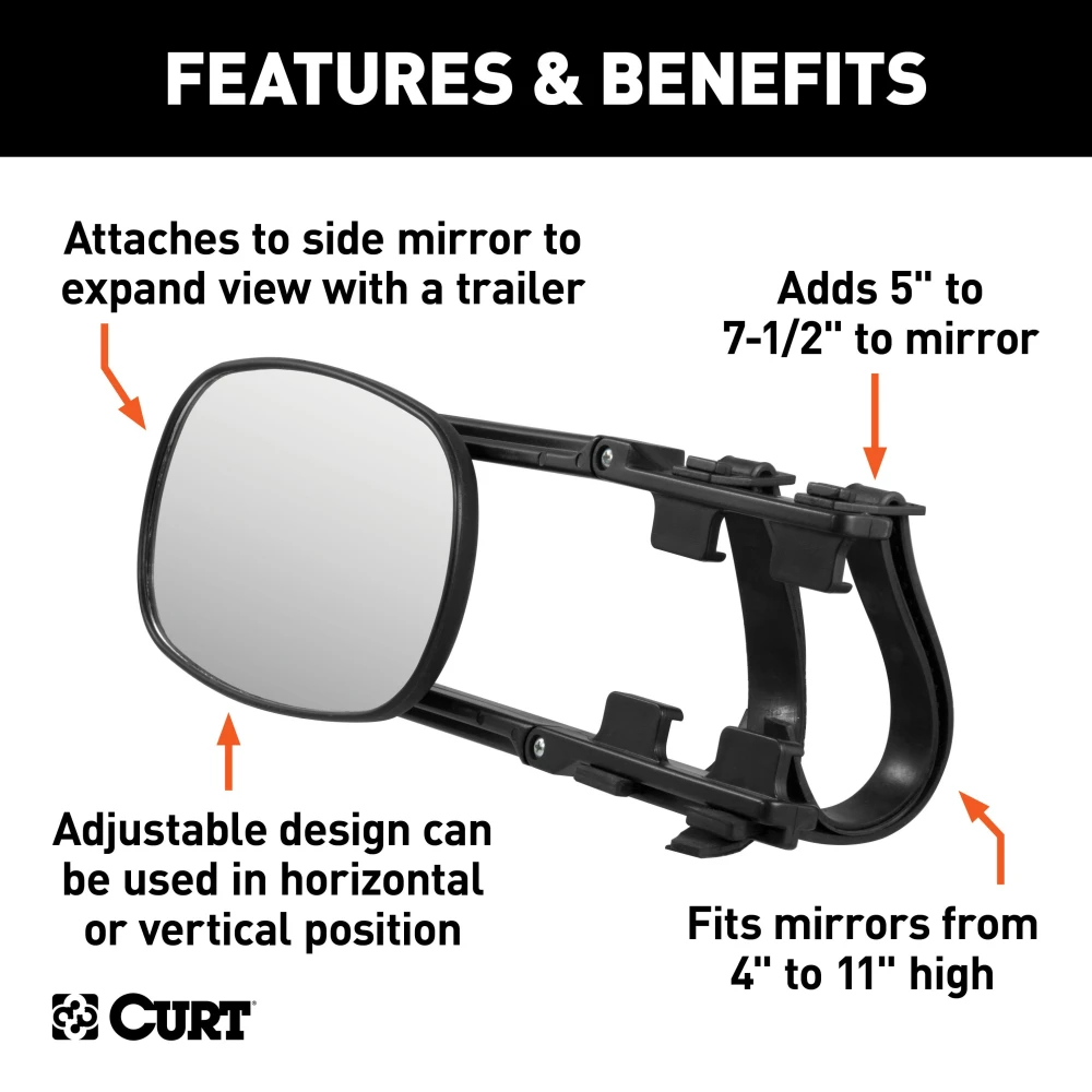 CURT extended view tow mirror attached to a vehicle mirror, enhancing rear visibility while towing.