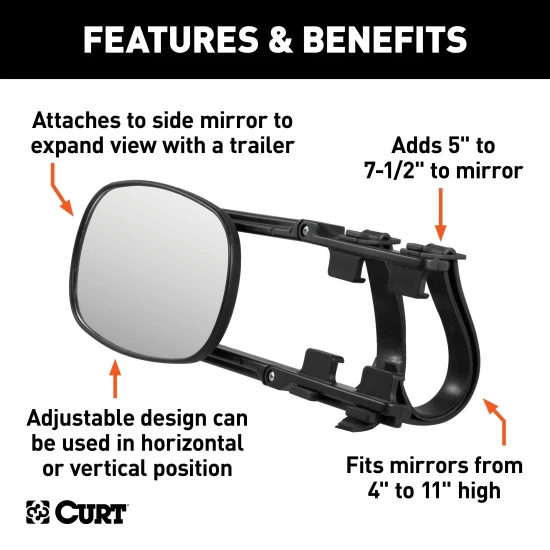 CURT extended view tow mirror attached to a vehicle mirror, enhancing rear visibility while towing.