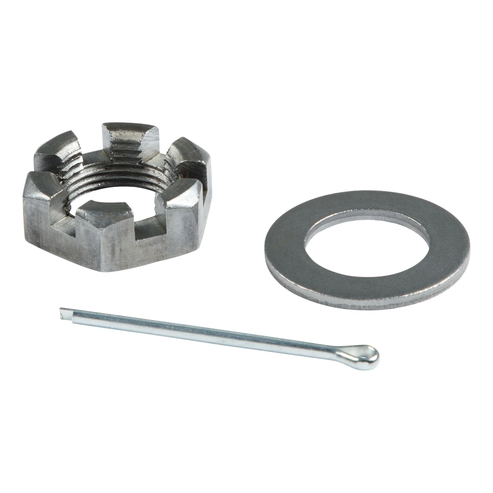 Lippert spindle nut retainer kit featuring 6-slot castle nut, washer, and cotter pin